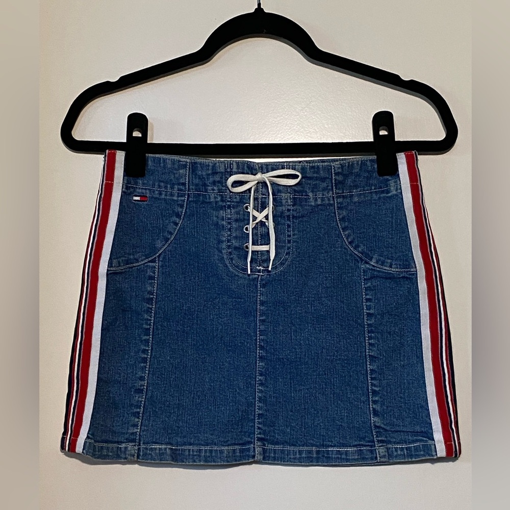 Tommy Hilfiger Denim Tie Front Mini Skirt Y2K Coquette Red, White and Blue Logo